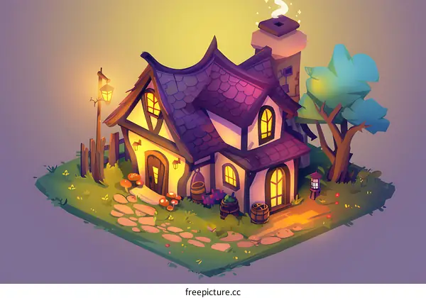 Cartoon Illustration of a Cozy Cottage with a Garden