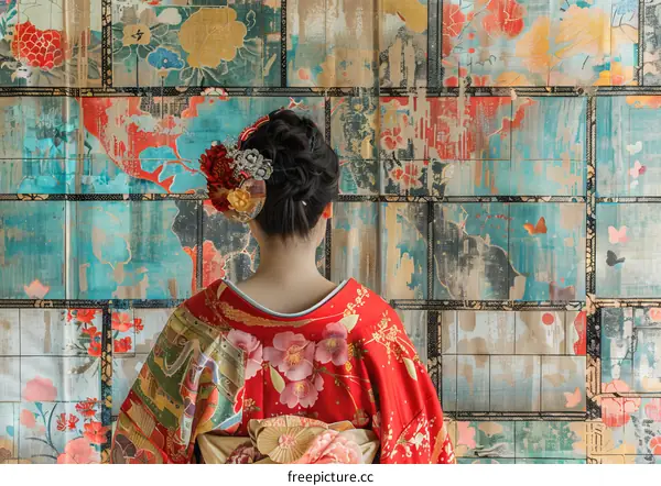 A woman wearing a red kimono with floral patterns standing in front of a colorful wall mural