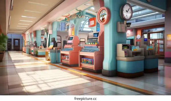 A retro-futuristic supermarket interior with pink and blue counters and a tiled floor