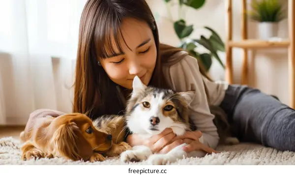 A young woman is lying on the floor with her dog and cat