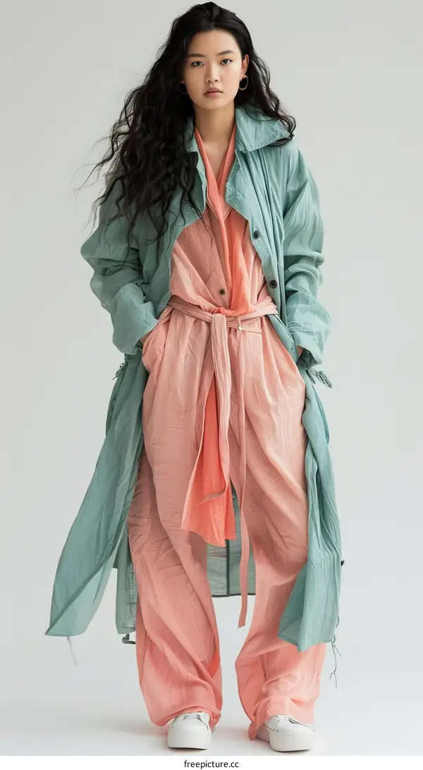 Green Oversized Coat and Pink Jumpsuit Fashion Portrait