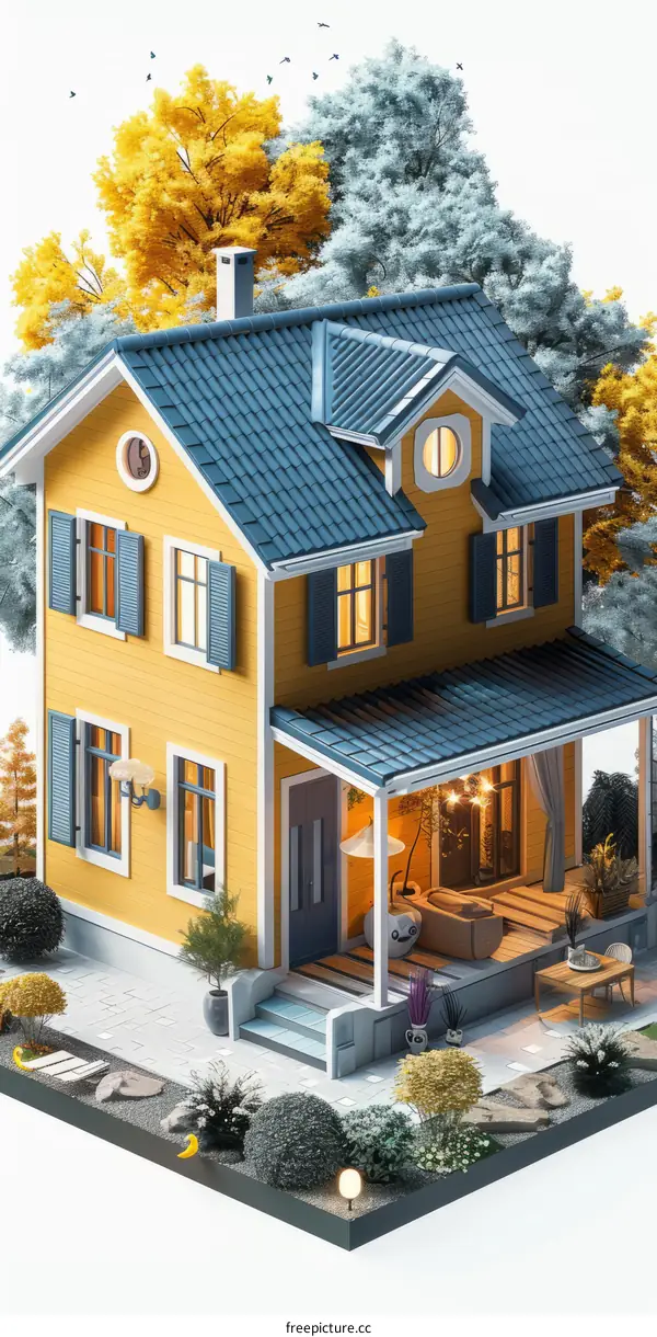 Charming Yellow House with Blue Roof and White Fence