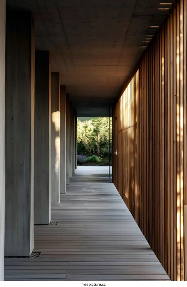 Modern Architecture House With Wooden Wall And Concrete Pillars