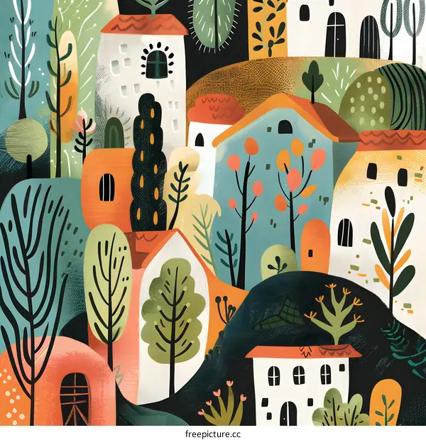 Illustrated Colorful Village Houses in Nature