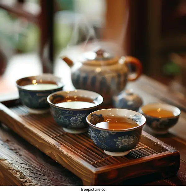 Chinese tea ceremony with blue and white porcelain gaiwan and cups