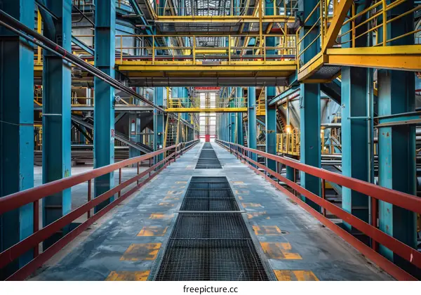 Blue and Yellow Walkway in a Factory