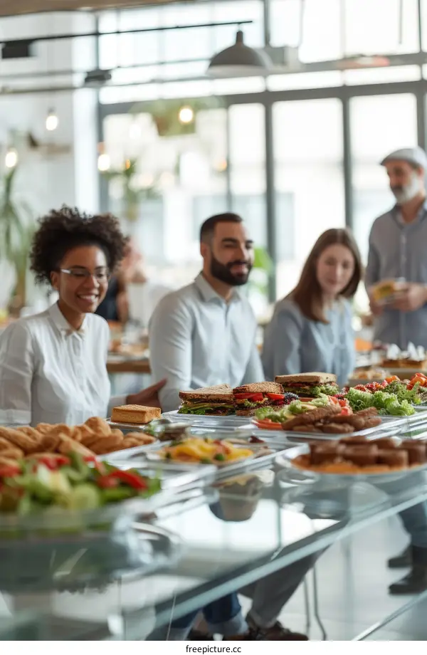 Multiethnic group of people choosing healthy food at a cafeteria