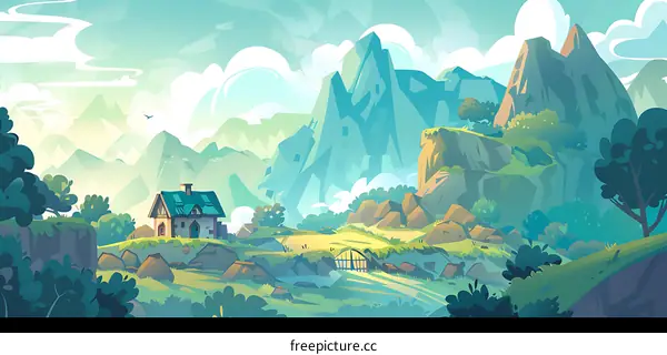 Cartoon Landscape With Mountains, Clouds, and a Small House