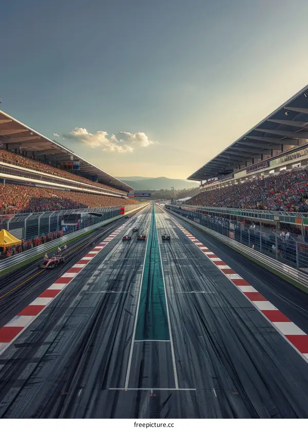 Formula One cars racing down a track with spectators in the stands