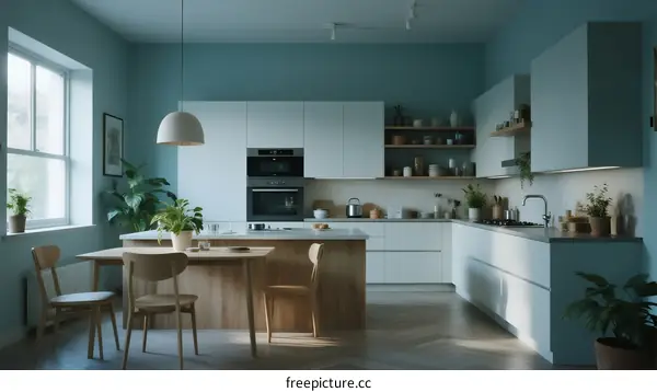 Bright Blue Modern Kitchen with Wooden Furniture and Potted Plants