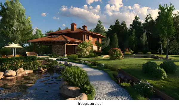 Modern Wooden House with Stone Garden Design