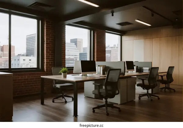 Modern office space with large windows and work desks