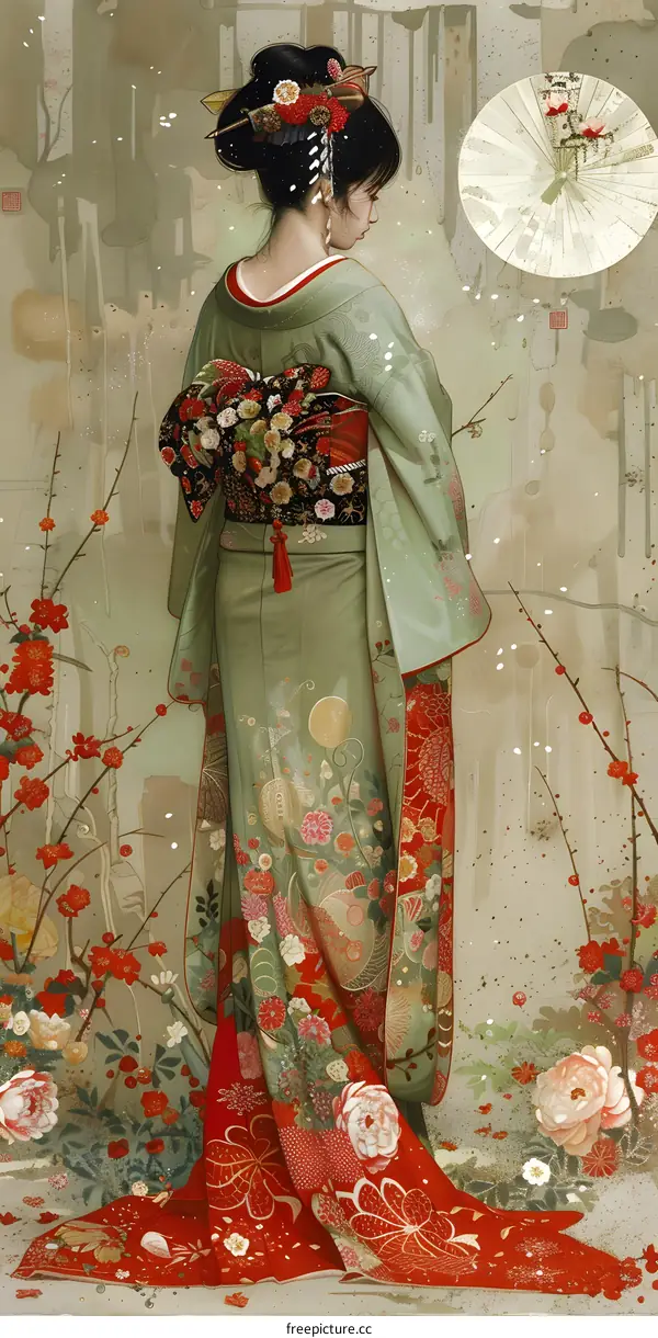 A woman wearing a kimono with a floral pattern and a white fan in her hair standing in a snowy forest with red and white flowers