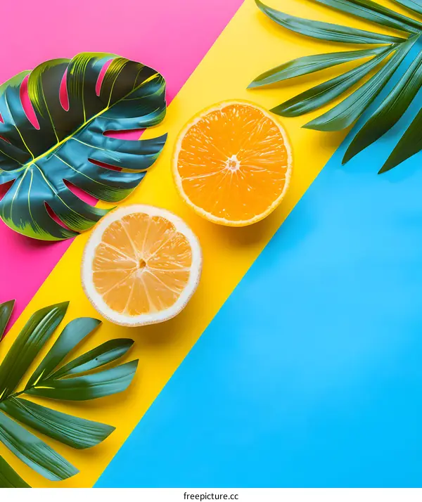 Summer Tropical Fruit Flat Lay With Palm Leaves On Colorful Background