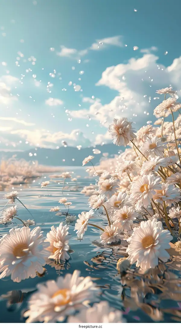 Beautiful Daisies by the Lake under the Blue Sky