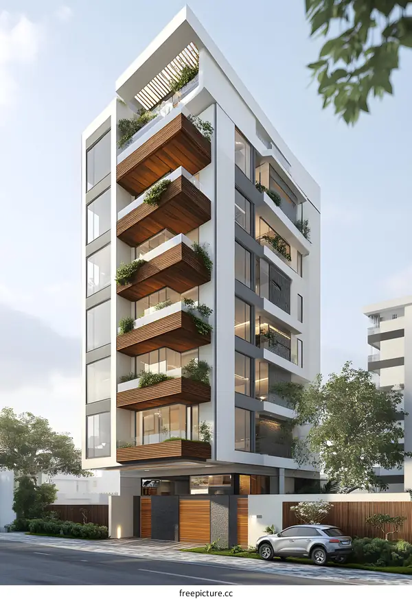 Modern Apartment Building With Balconies And Green Plants