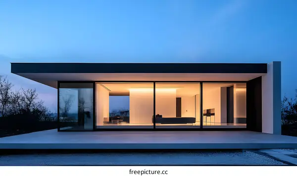 Modern Minimalist House With Large Windows At Dusk
