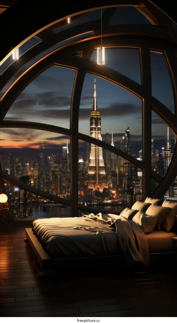 A bedroom with a view of the city