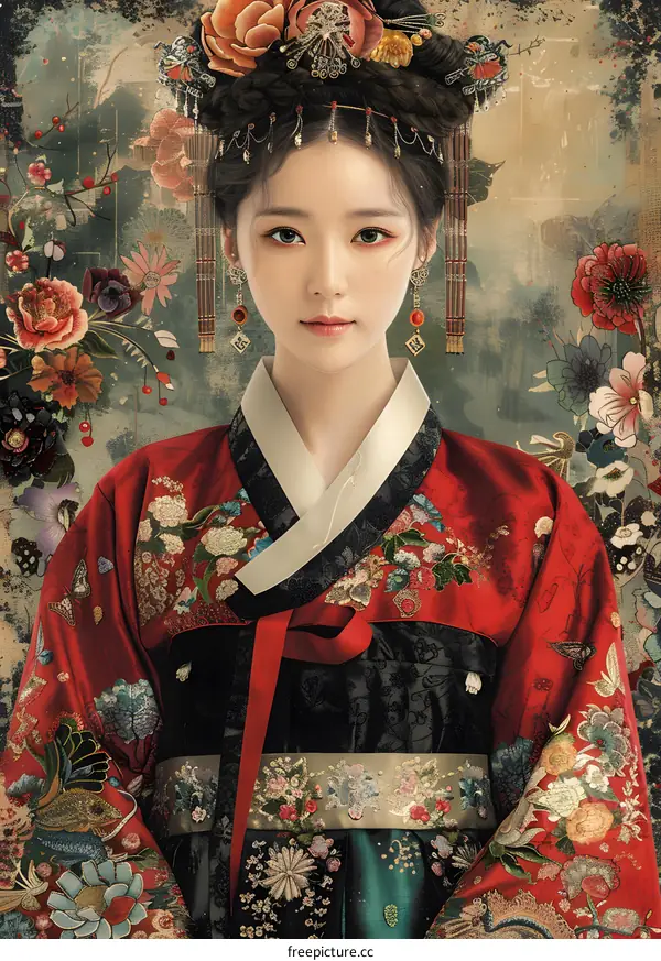 Portrait of a young woman in traditional Korean dress, or Hanbok