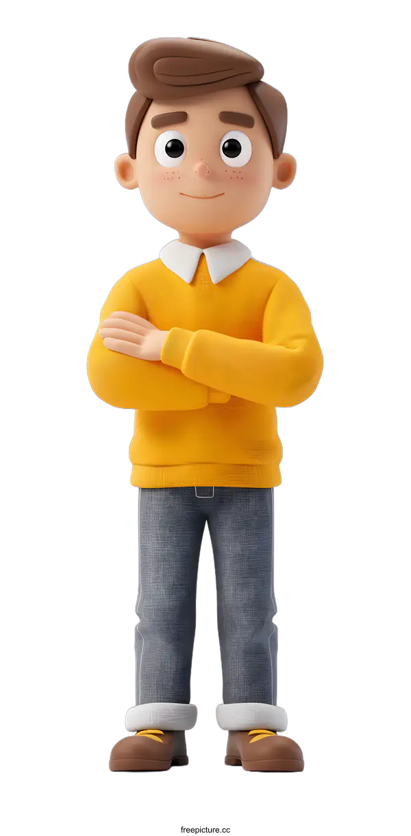 [Transparent Background PNG]3D Cartoon Illustration of a Young Boy Standing with Arms Crossed