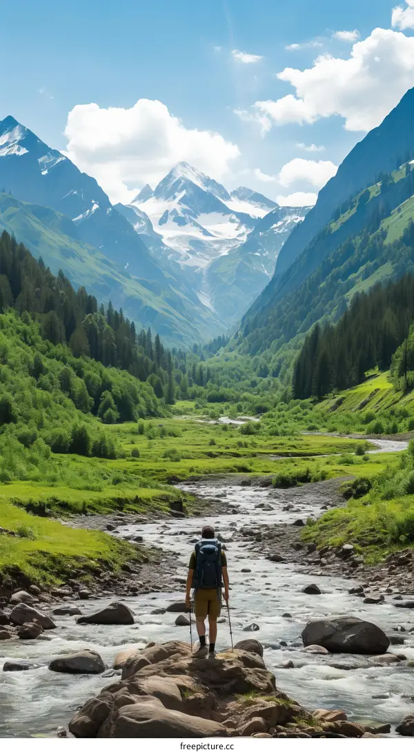 Man standing on rock in middle of river with snow-capped mountains in distance