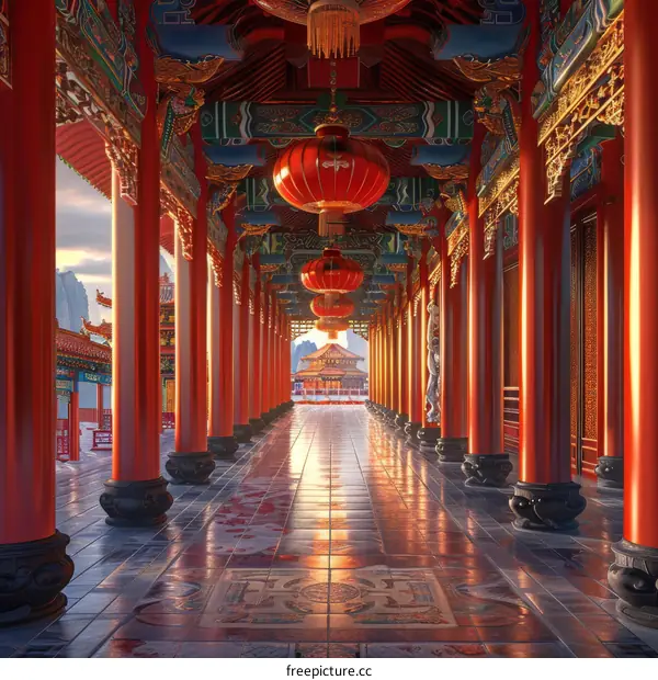 Chinese Palace Corridor Architectural Illustration