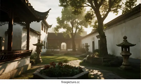 Traditional Chinese Garden Courtyard with Stone Lanterns and Greenery