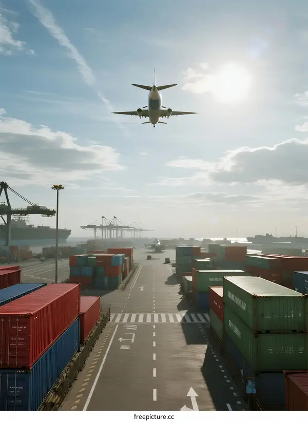Airplane flying over container yard with shipping containers