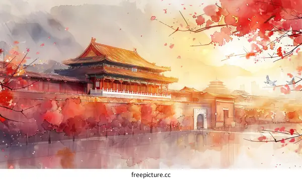 Chinese architecture landscape painting of the Forbidden City