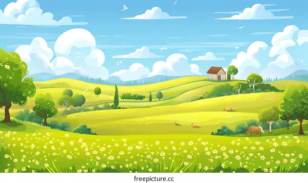 Summer Landscape with Hills, Green Fields and a Small House