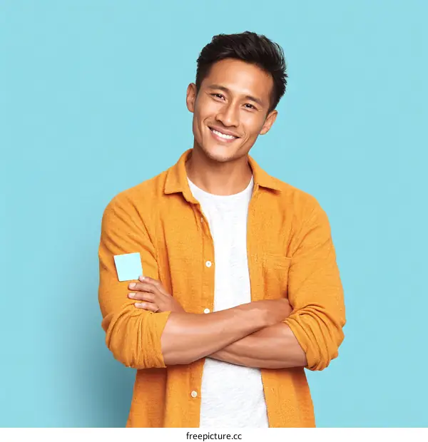 Smiling Asian Man in Orange Shirt