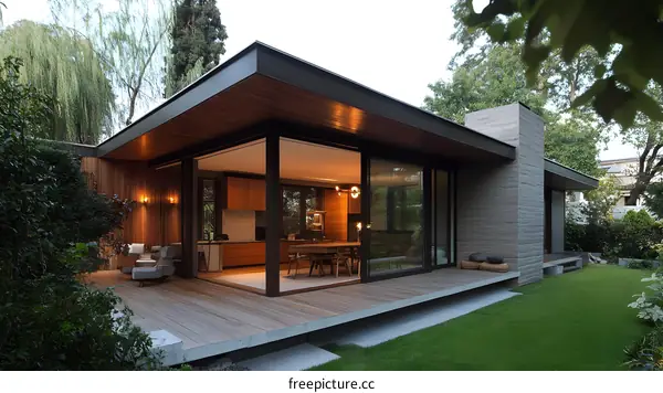 Modern Architecture House with Glass Walls and Wooden Deck