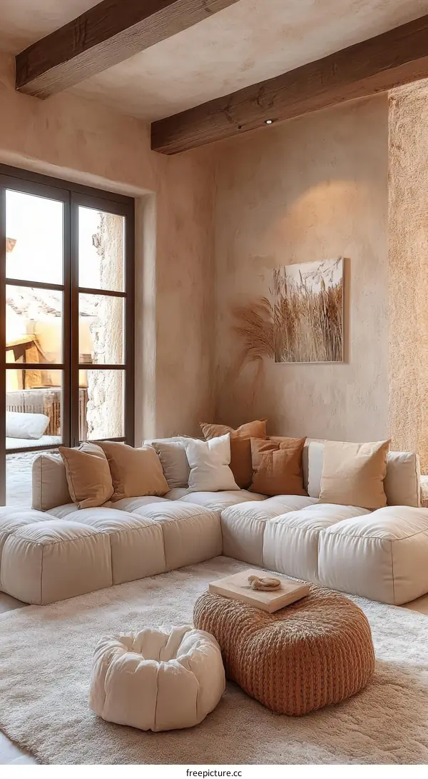 Beige Sectional Sofa with Beige Poufs in a Beige Living Room