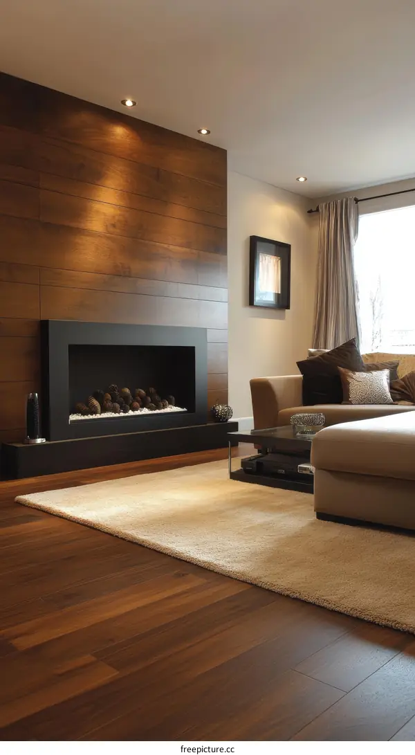 Modern Living Room Interior Design with Wooden Wall and Fireplace