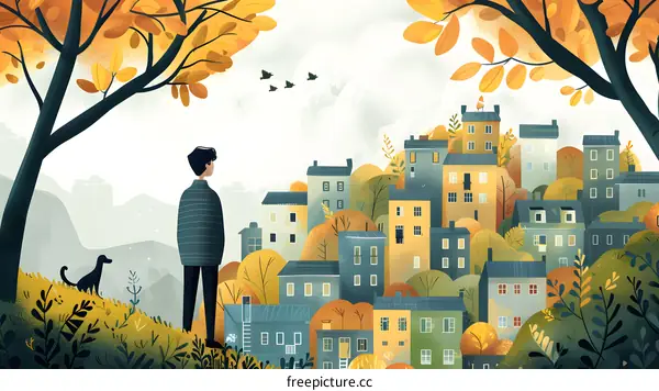 Autumn Town Exploration with Dog