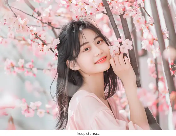 Beautiful Asian Woman in a Pink Dress Posing in a Cherry Blossom Tree