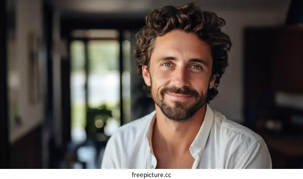 Portrait of a smiling man with curly hair and beard