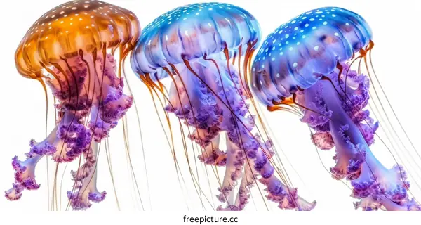 Three jellyfish with orange, purple and blue colors