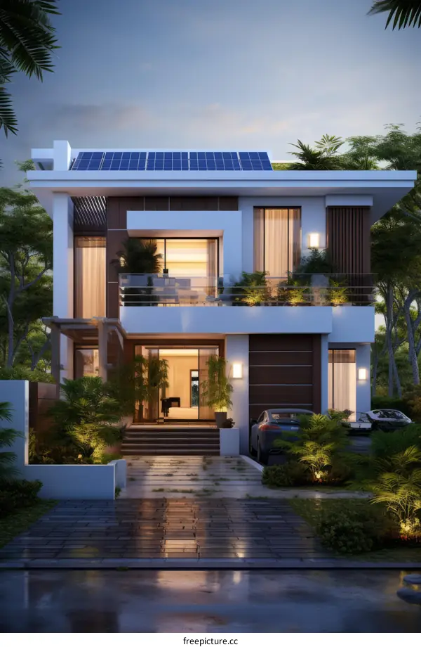 Modern two-story house with solar panels and a beautiful garden
