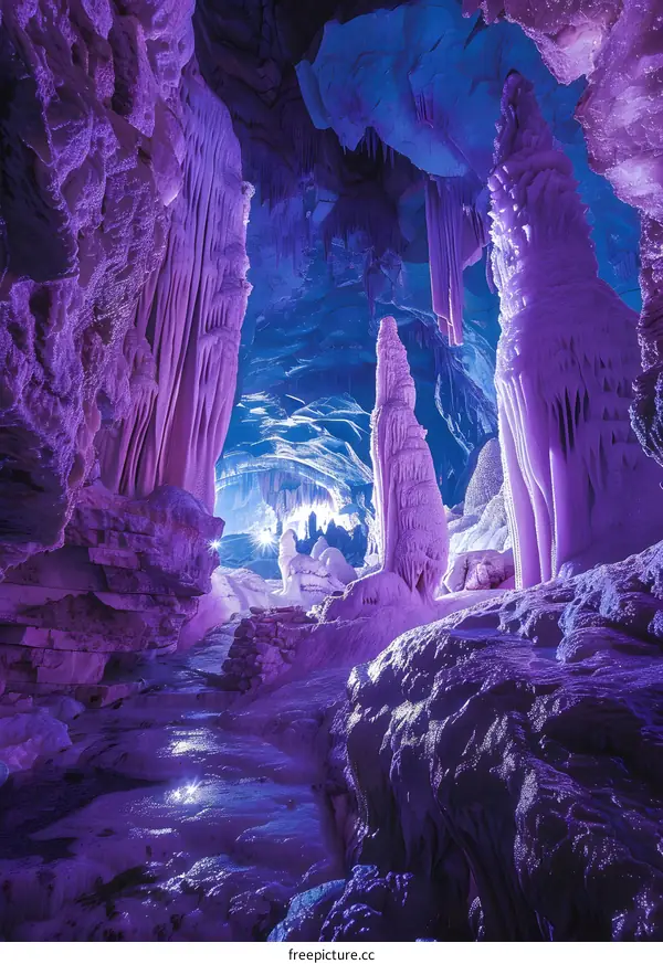 Purple Cave Stalagmites and Stalactites