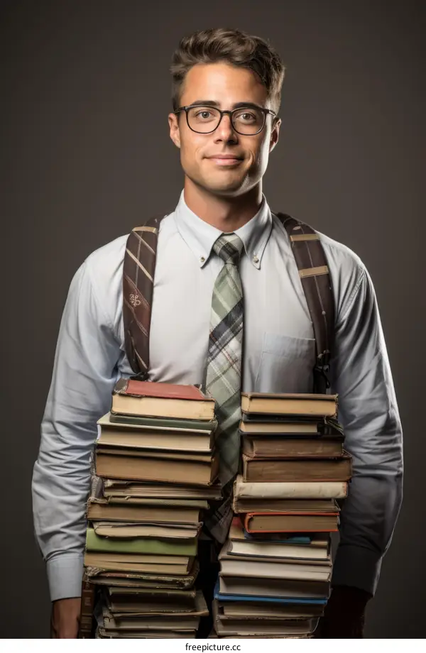 Young male student with a lot of books