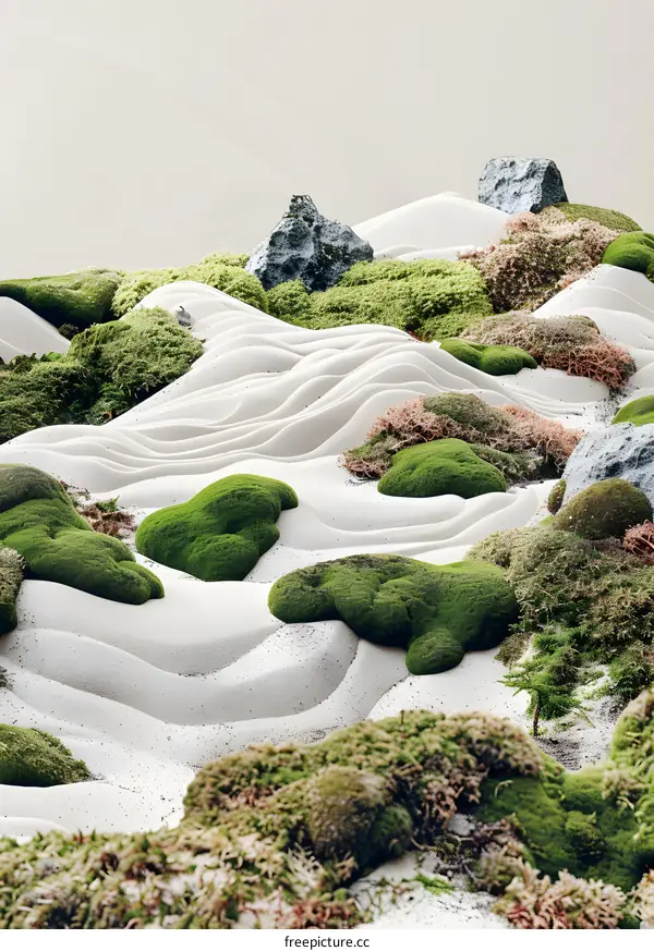 Zen Garden with White Sand and Green Moss