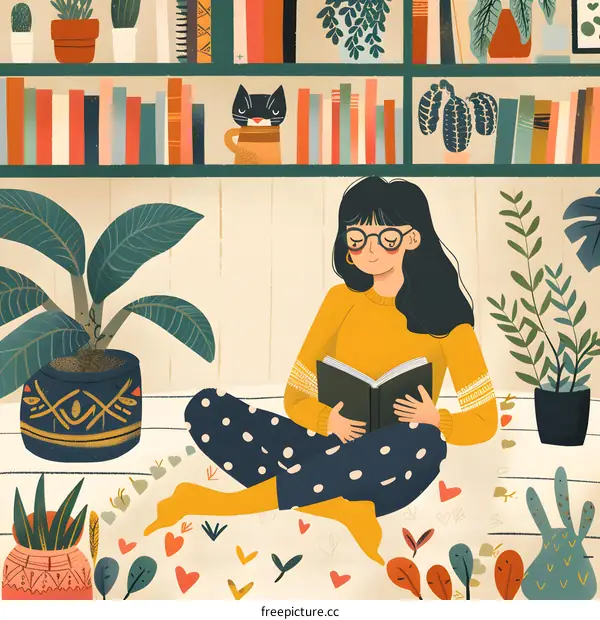 Woman Reading Book in Cozy Home with Plants