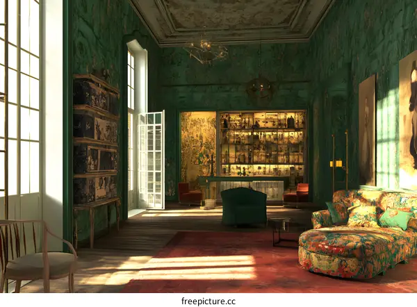 Green Interior Design with Old Furniture and Vintage Details
