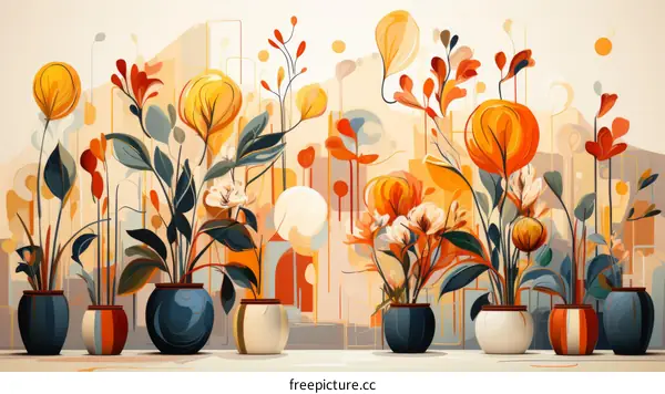 A beautiful painting of colorful flowers in pots