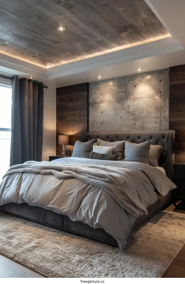 Modern Grey Bedroom with Rustic Ceiling and Walls