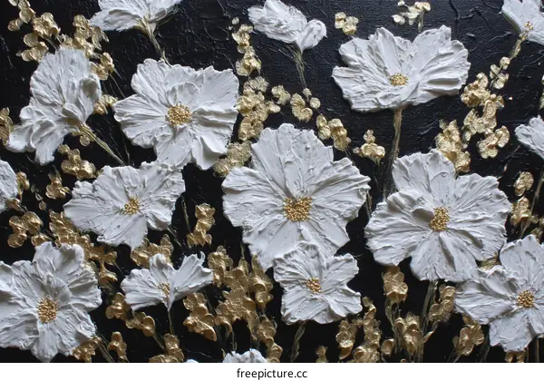 White Flowers on a Black Background Abstract Painting