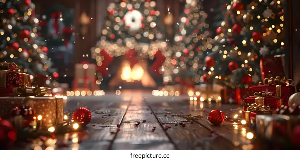 Christmas presents and Christmas tree in front of fireplace