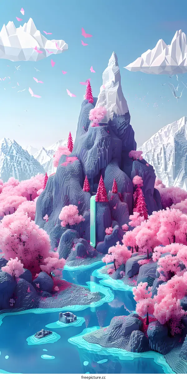 Low Poly Landscape with Pink Trees and Blue Water
