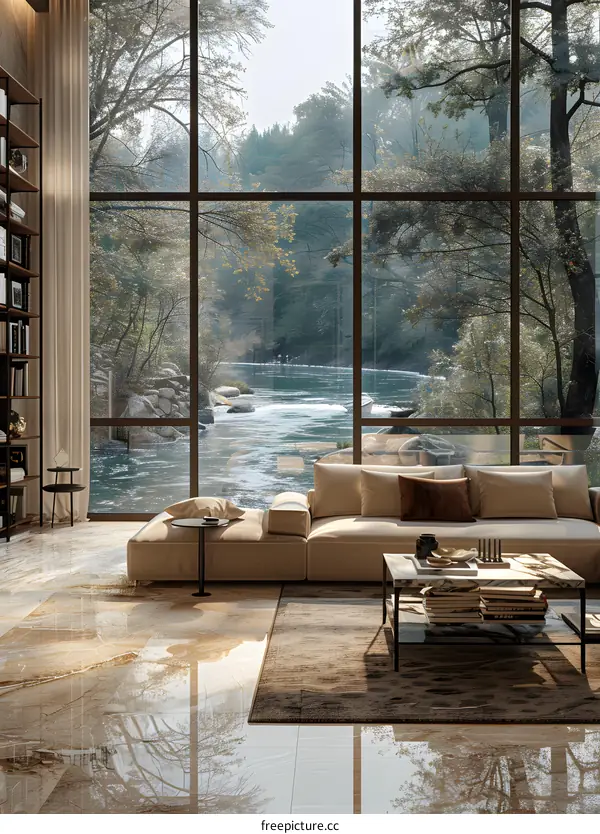 A stunning view of a river from a modern living room with large windows